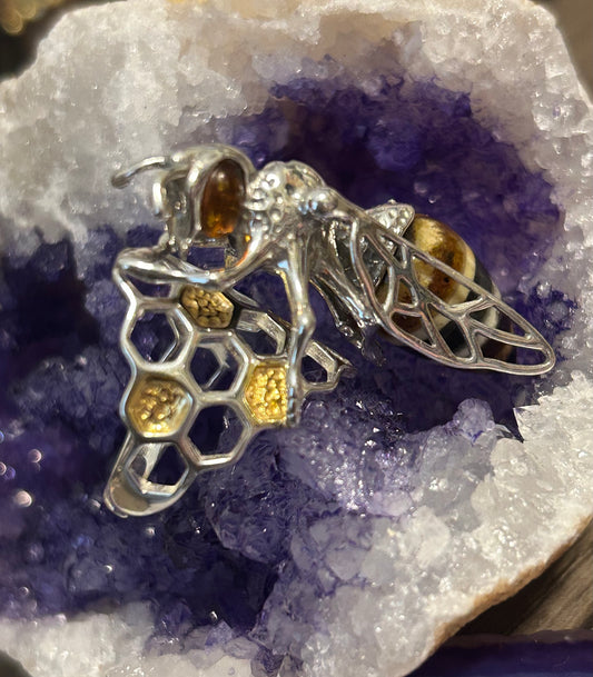 Sterling Silver & Genuine Amber Large Bee Adjustable Ring