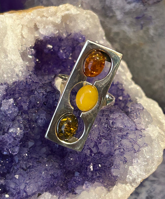 Vtg Deadstock Sterling Silver Abstract Modernist Baltic Amber Ring Size 9