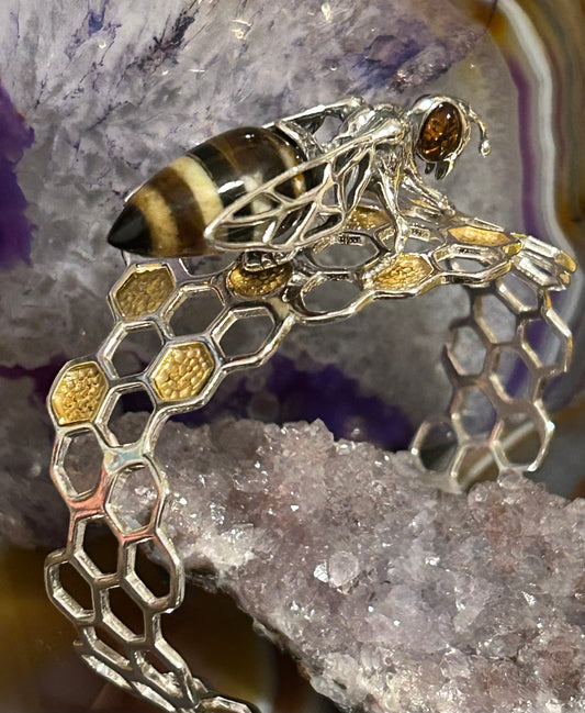 Sterling Silver & Genuine Amber Bee Honeycomb Cuff Bracelet