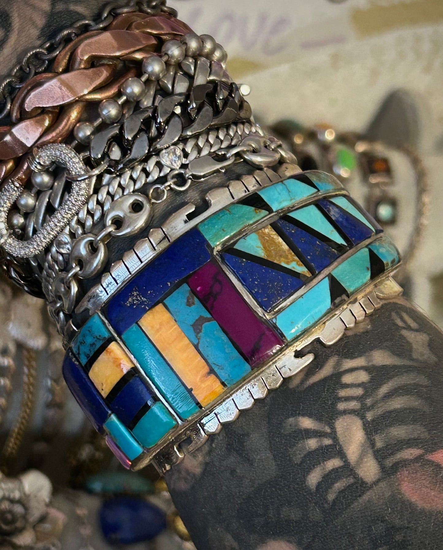 Sterling Silver Huge Multi-stone Inlay Statement Cuff Bracelet