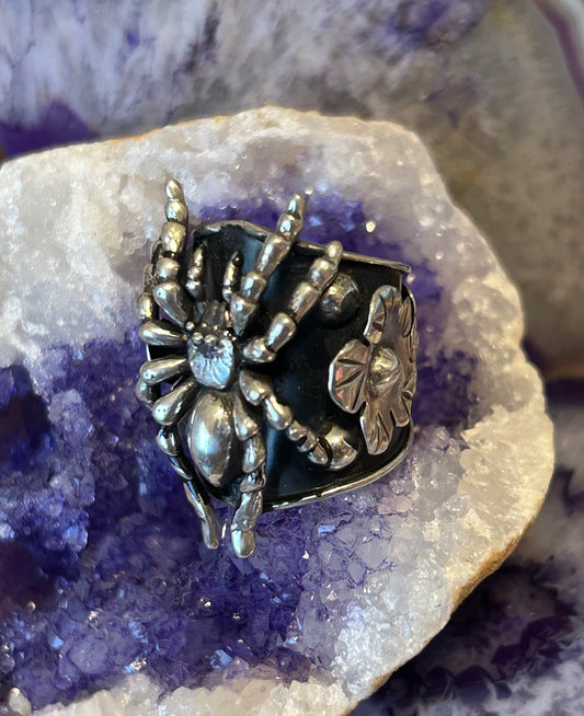 Taxco Mexico Sterling Silver Tarantula Spider & Flowers Statement Ring Size 7-9