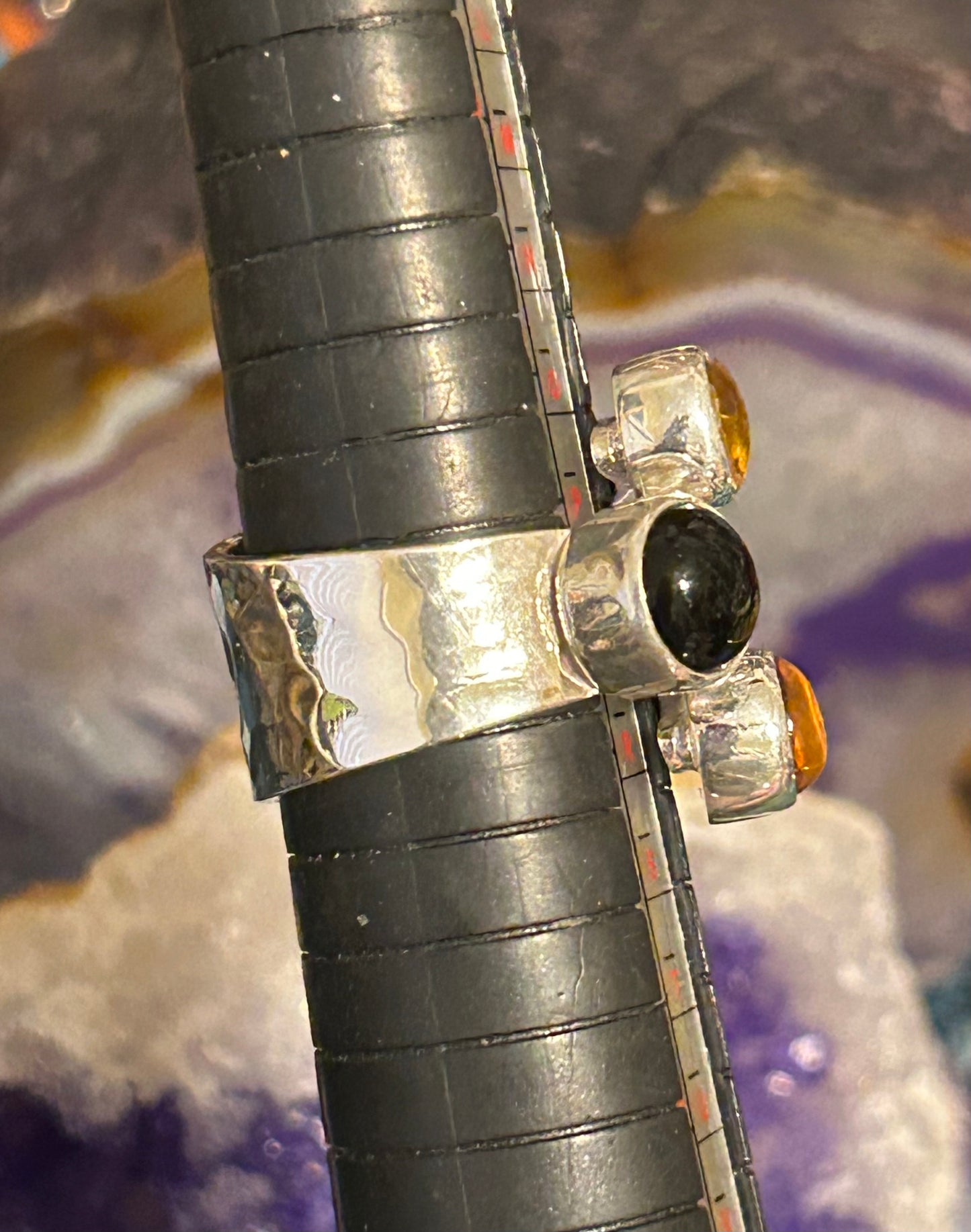 Sterling Silver Made In Taxco Mexico Bypass Ring With Onyx And Amber Size 7-8