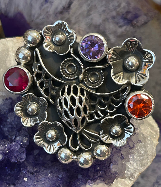 Sterling Silver Taxco Mexico Huge Statement Owl & Gemstone Adjustable Ring