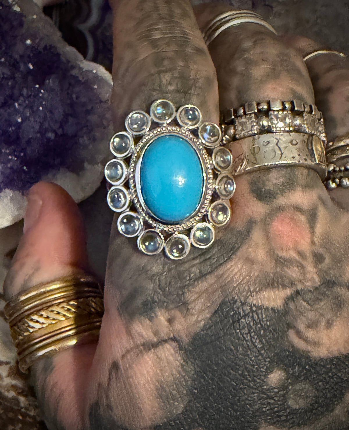 Sterling Silver Sonora Turquoise & Rainbow Moonstone Multi Stone Ring Size 7