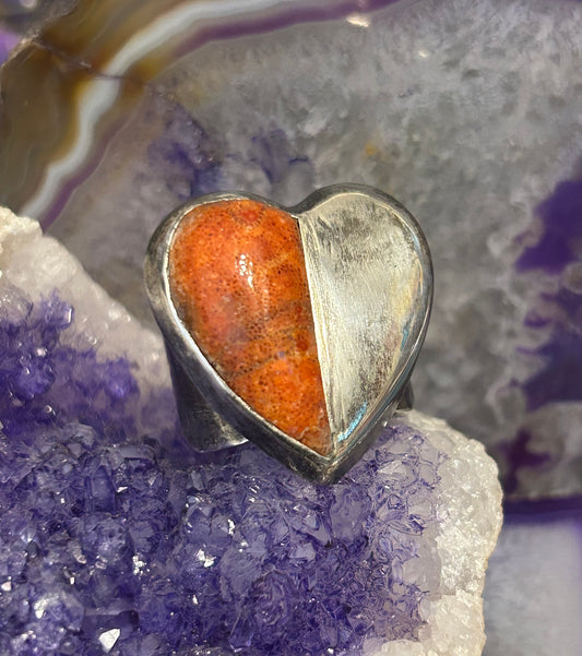 Vintage Sterling Silver Handmade Large Coral Heart Ring • Size 11