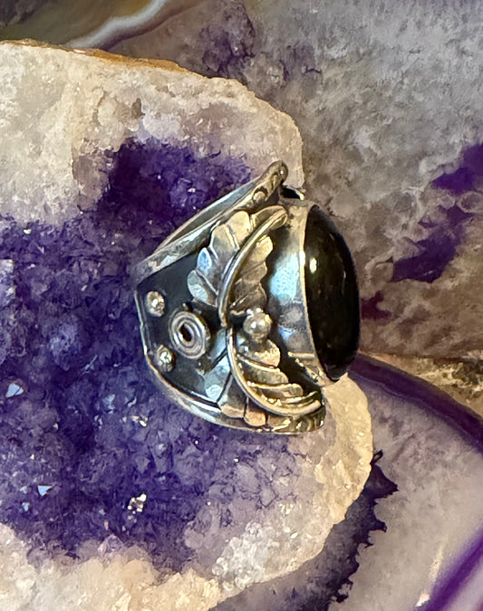 Sterling Silver Modern Taxco Mexico Black Onyx Wide Leaf Ring Size 4-6.5