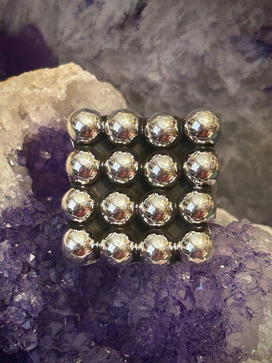 Sterling Silver Taxco Mexico Large Square Balls Modernist Ring Adjustable