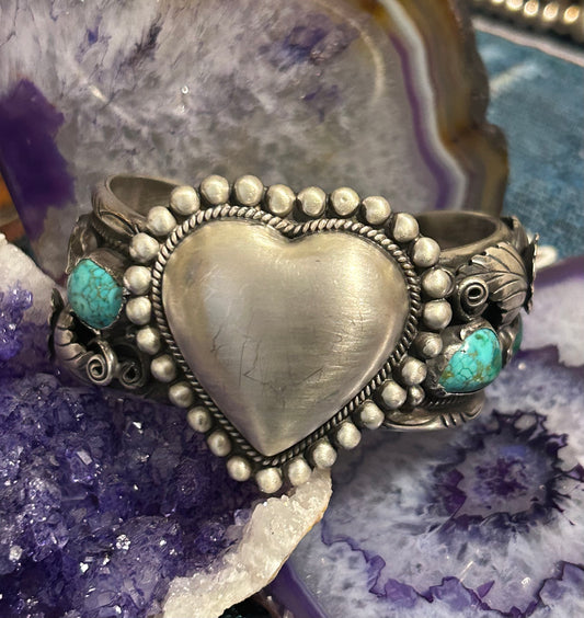 GuzFurbished Sterling Silver Heart & Turquoise Cuff Bracelet