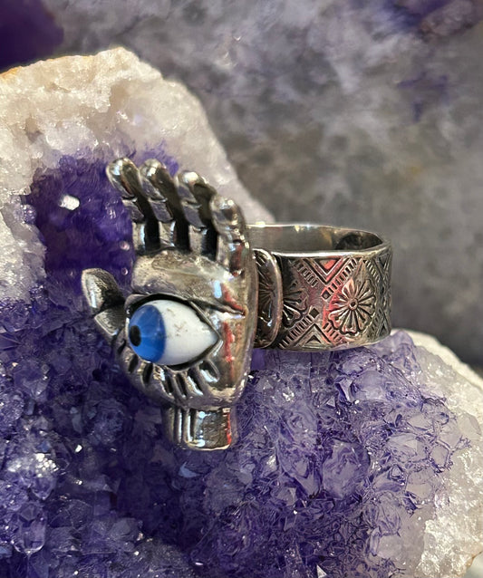 Sterling Silver Taxco Mexico Seeing Eye Protection Hand Oddities Ring Adjustable