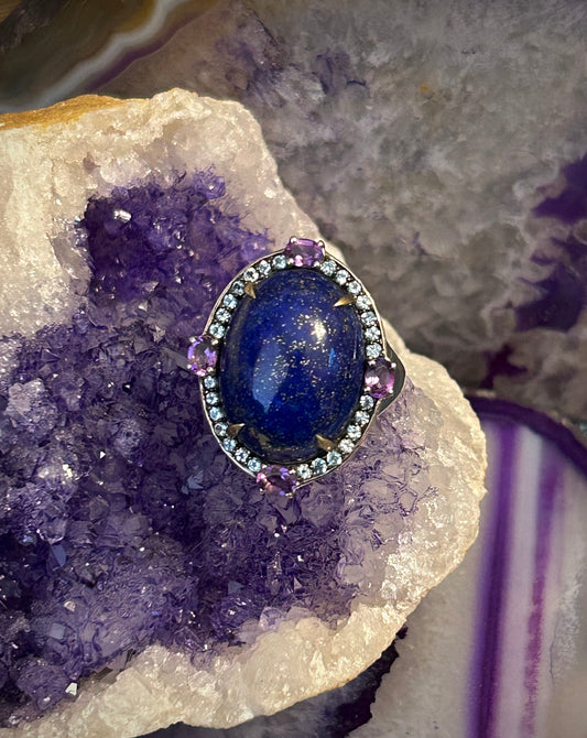 Vintage Sterling Silver Natural Gemstone Lapis, Topaz & Amethyst Ring • Size 8