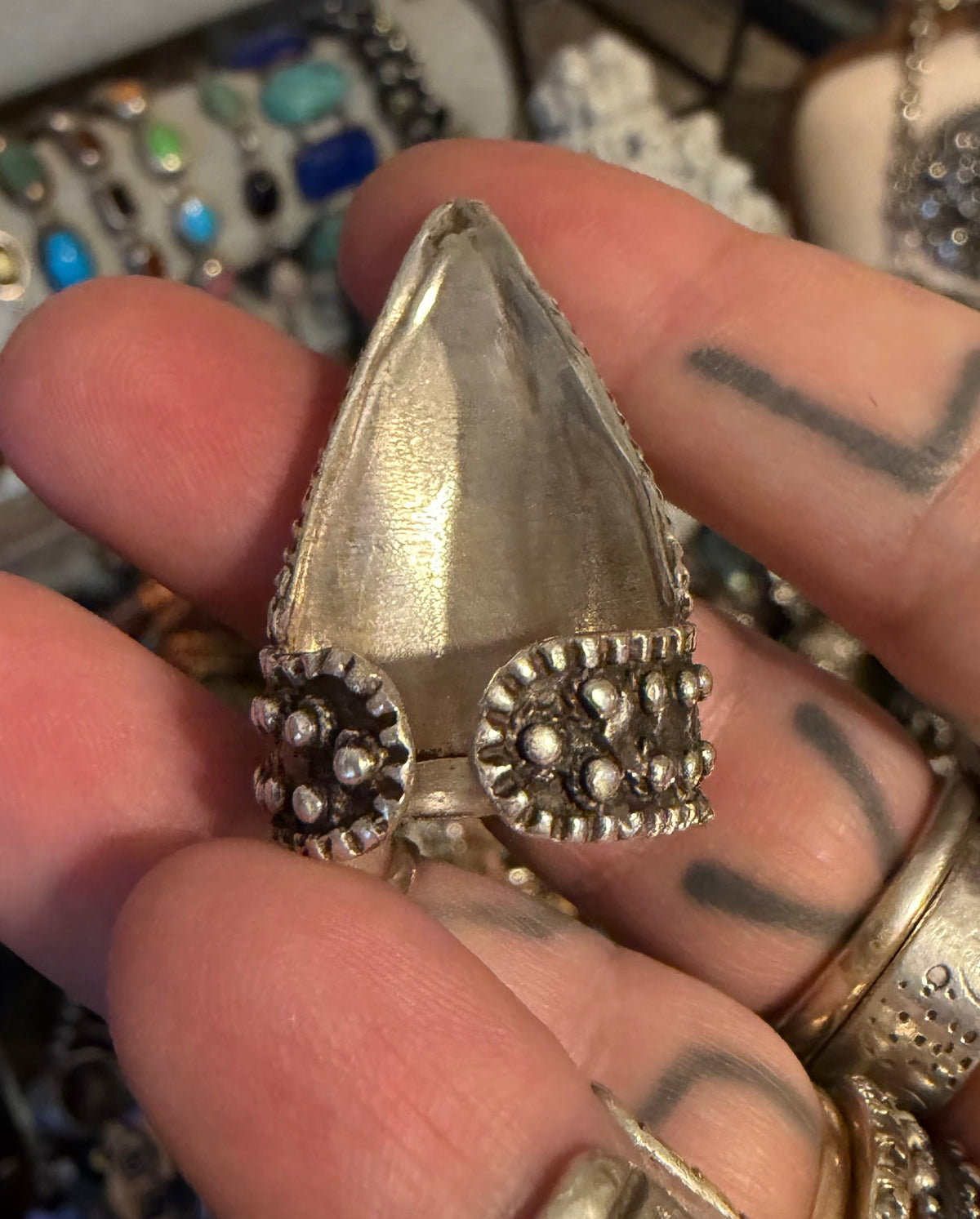 Antique sterling silver Yemeni dendritic agate ring size 6.5-8.5