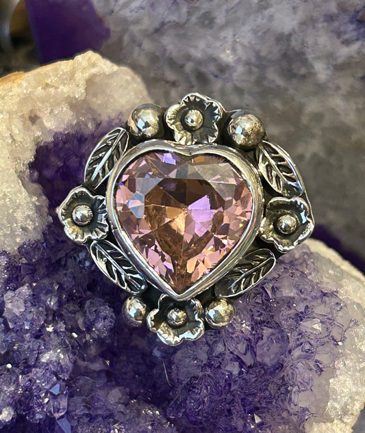 Taxco Mexico Sterling Silver Large Pink Zircon Heart & Flowers Ring Adjustable