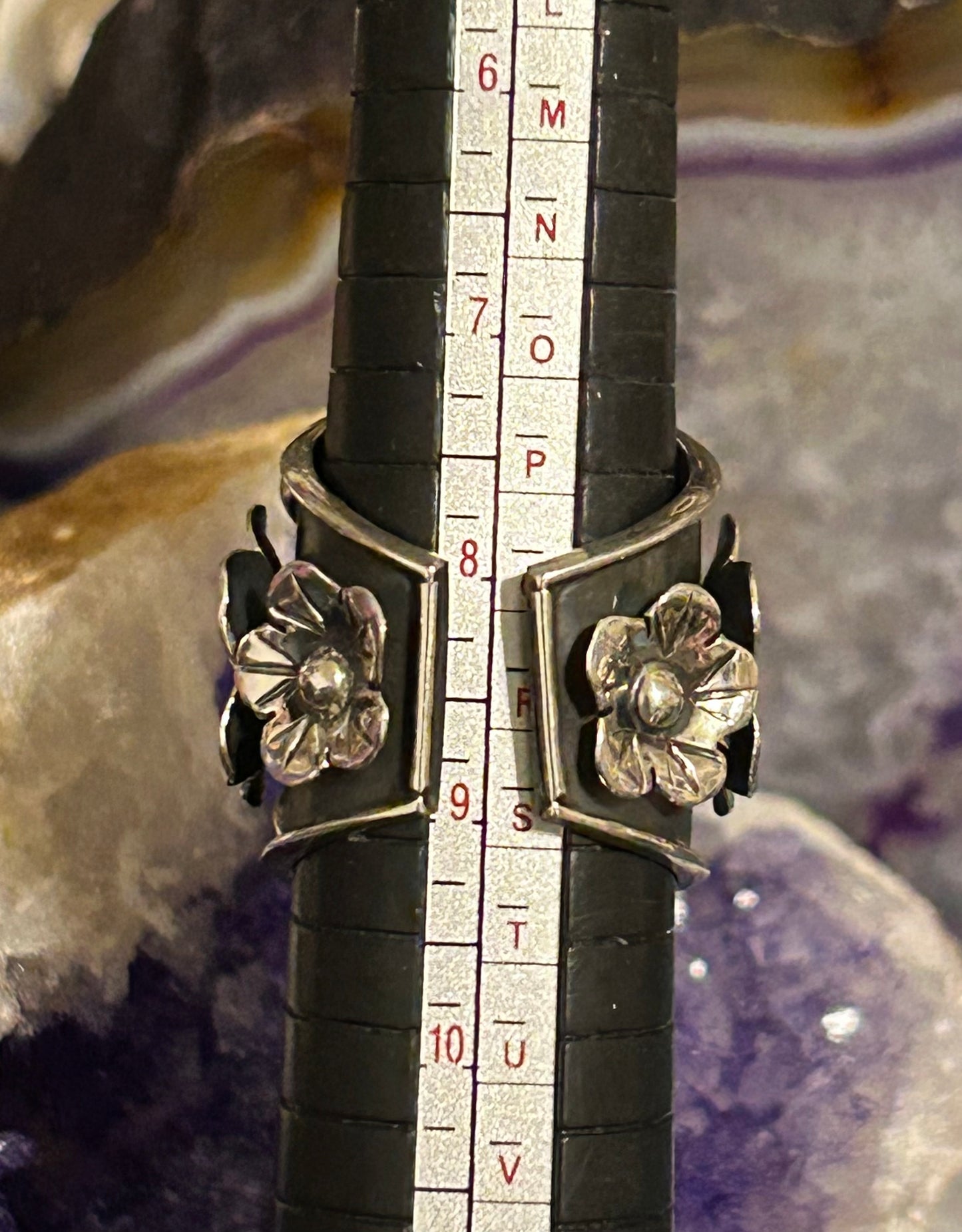 950 Silver Taxco Mexico Large Skull And Flowers Ring Sz 7-8.5