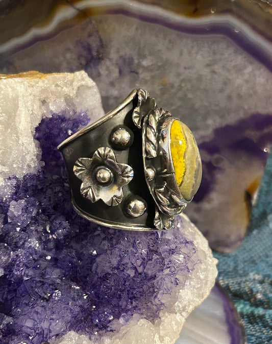 Sterling Silver Taxco Mexico Large Bumblebee Jasper & Flower Wide Ring 6.5-8.5