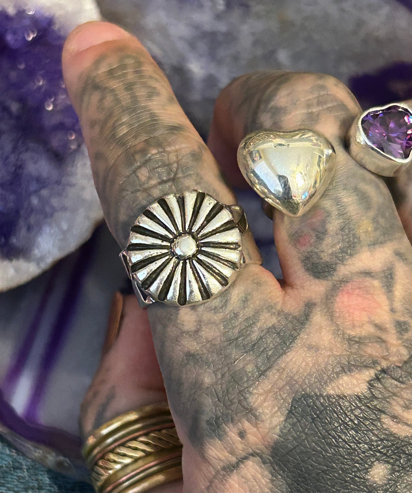 Sterling Silver Modern Taxco Mexico Flower Concho Adjustable Ring