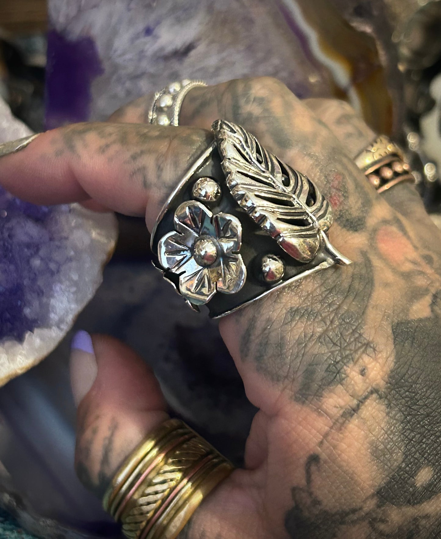 Taxco Mexico 950 Silver Monstera Leaf & Flowers Statement Ring Size 7-9