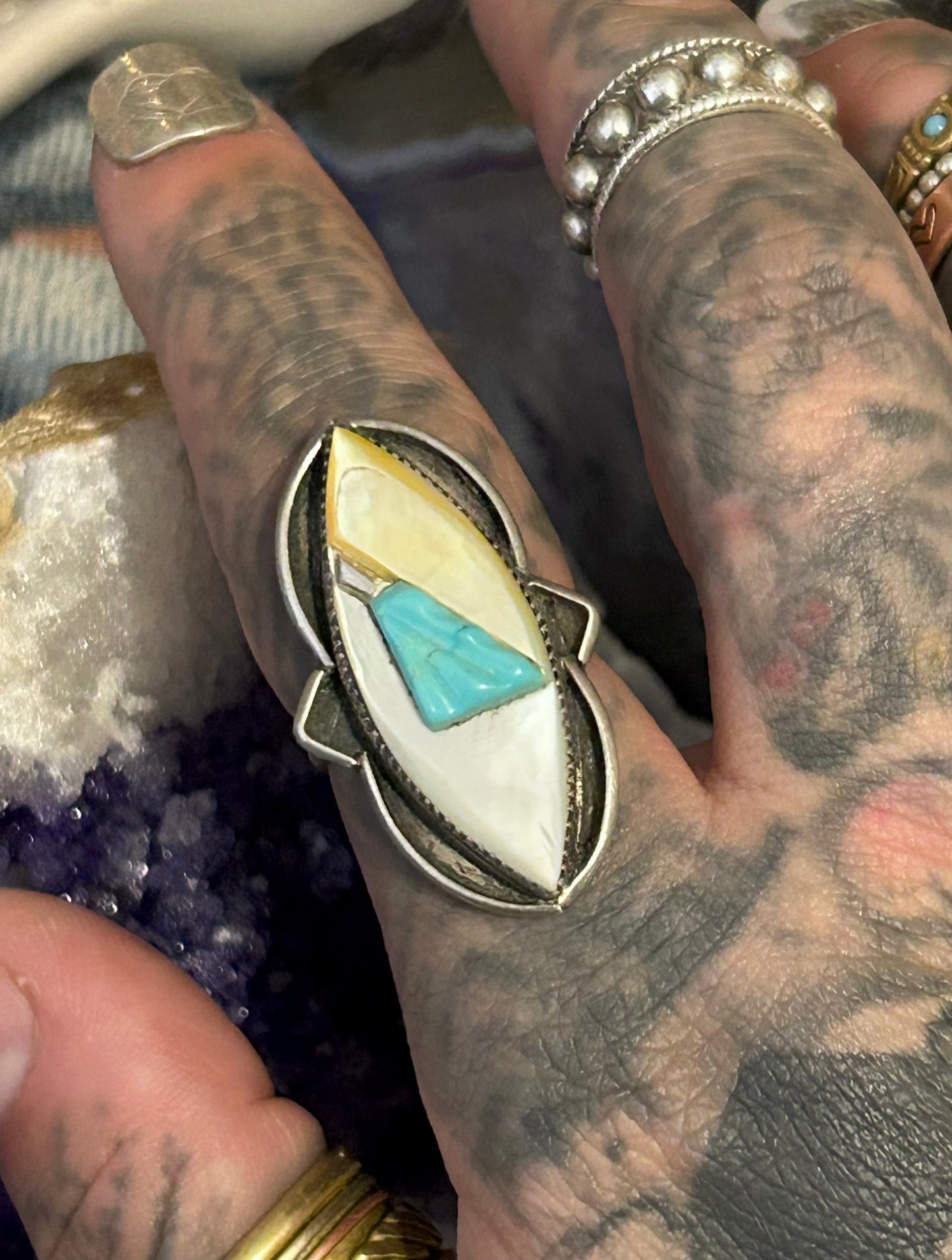 Vintage Sterling Silver Native American Turquoise & MOP Inlay Ring • Size 6.75