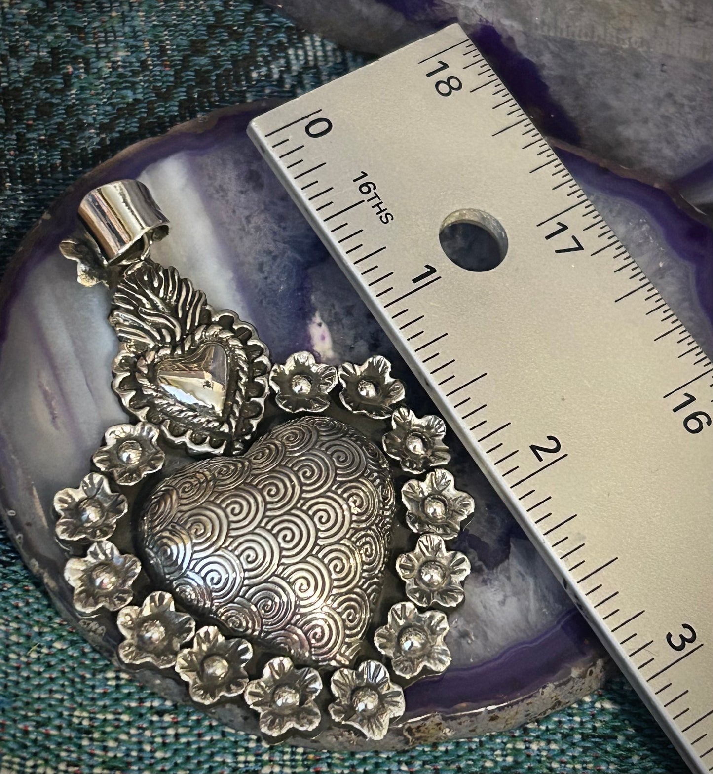Sterling Silver Taxco Mexico Large Statement Heart w/ Swirls, Sacred Heart & Flowers Pendant