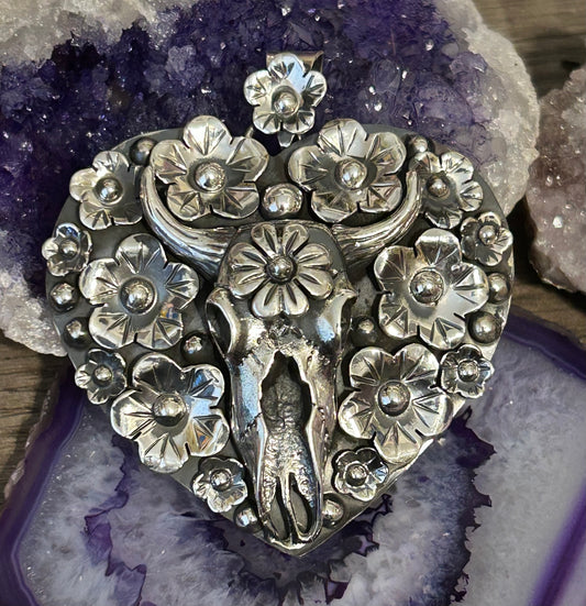 Sterling Silver Taxco Bull Skull w/ Flowers Statement Heart Pendant