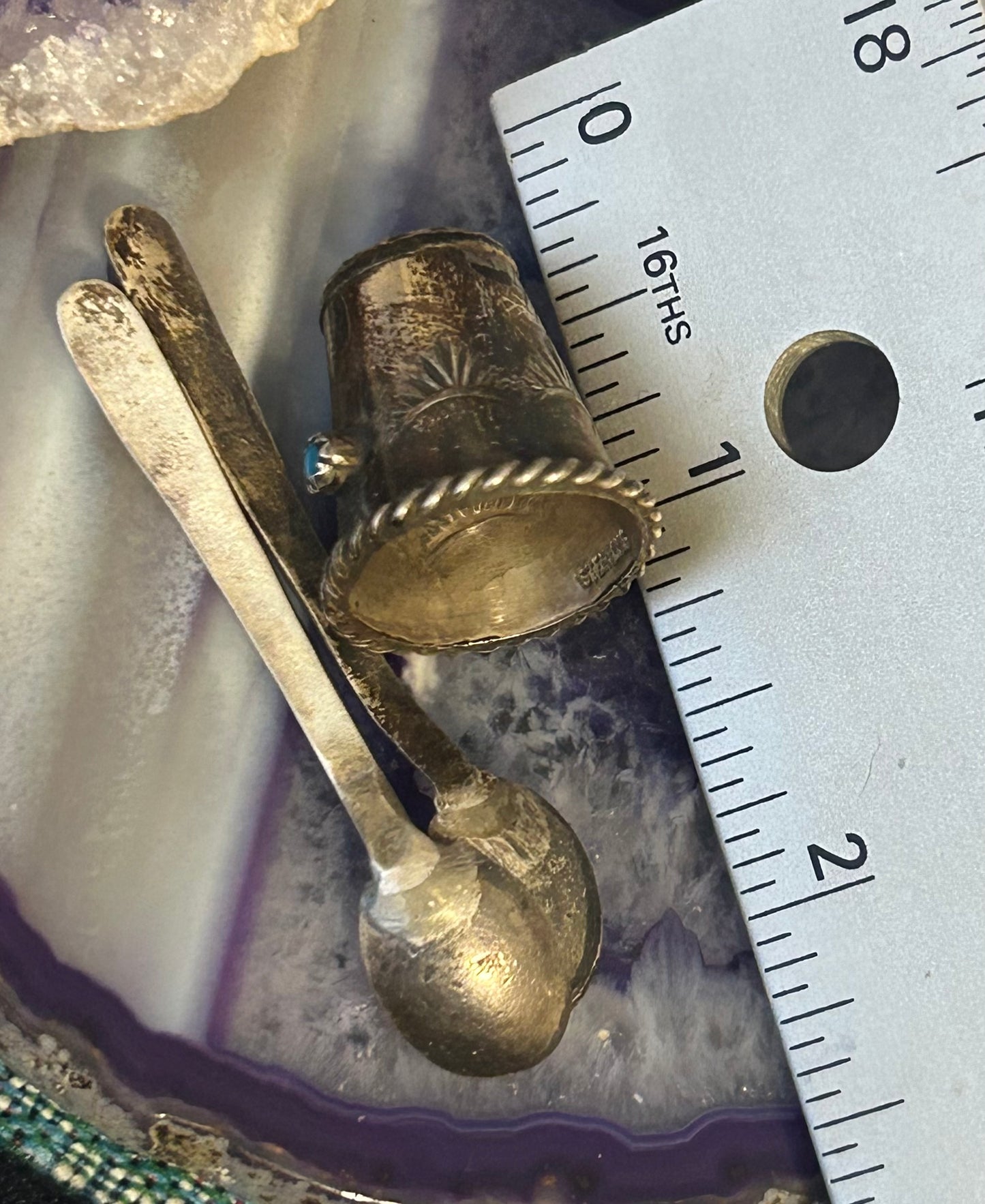 Vintage Sterling Silver Navajo Thimble & Mini Spoons w/ Turquoise