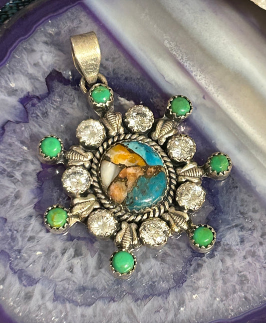 Sterling Silver Multi-Stone Pendant With Spiny Oyster Turquoise & CZ stones