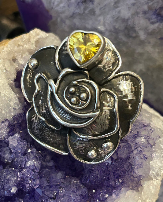Sterling Silver Taxco Mexico Rose & Zircon Heart Gem Statement Adjustable Ring