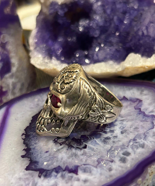 Sterling Silver Large Skull With Ruby Eyes And Designs Ring Size 10