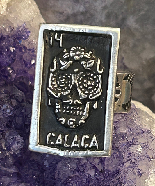 Sterling Silver Taxco Mexico “CALACA” Skeleton Day Of The Dead Tarot Card Ring