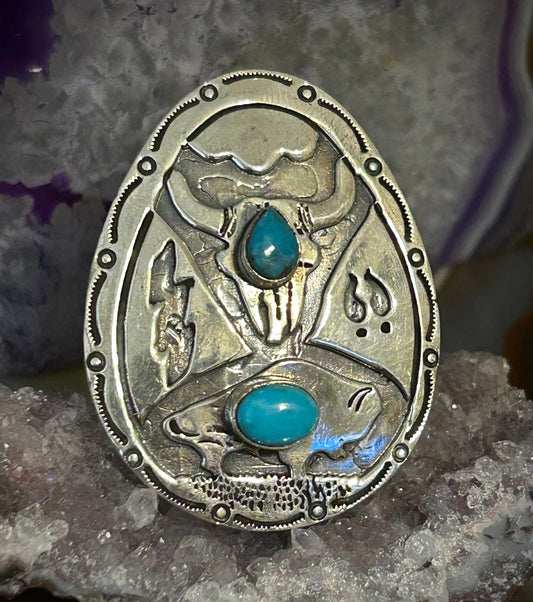 Sterling Silver Southwestern Buffalo & Long Horn Bull Turquoise Statement Ring