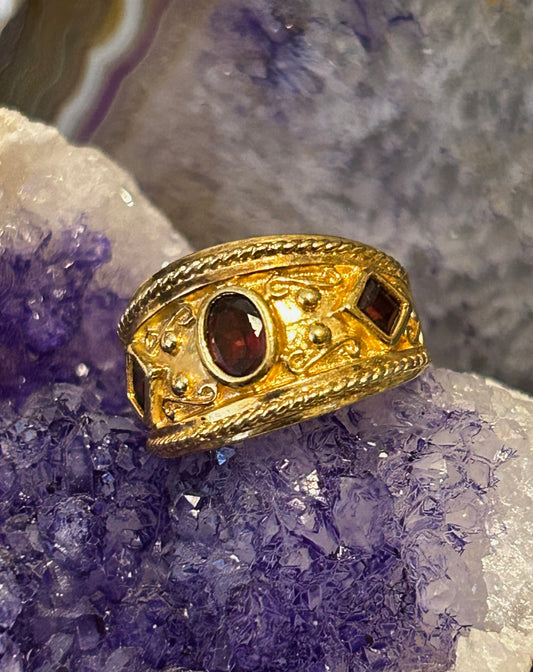 Vintage Sterling Silver Gold Vermeil Byzantine Style Ring • Size 8