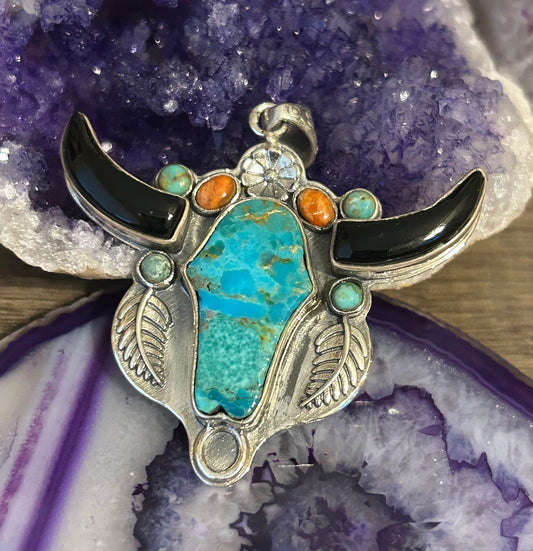Sterling Silver Turquoise Multistone Longhorn Bull Pendant