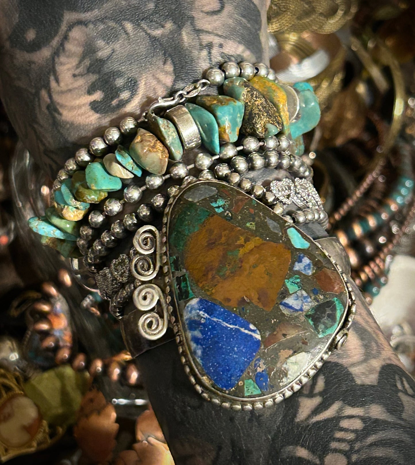 Vintage Sterling Silver Large Turquoise Lapis Etc Composite Stone Cuff Bracelet