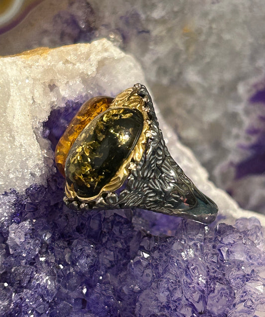 Sterling Silver Baltic Amber Two Stone w/ Gold Over • Size 9