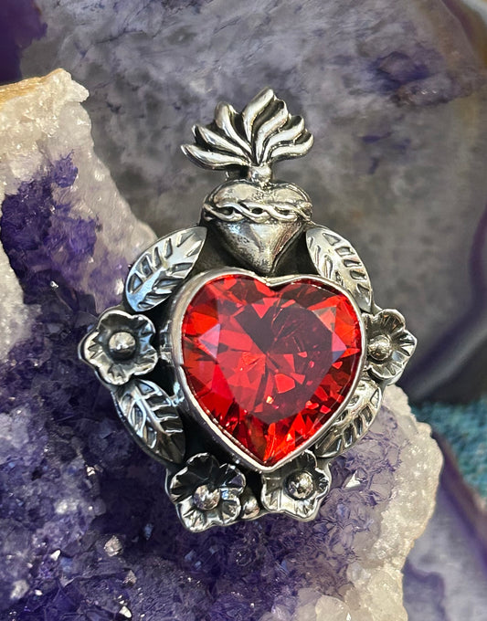 Taxco Mexico 950 Silver Red Zircon Sacred Heart & Flowers Ring Adjustable