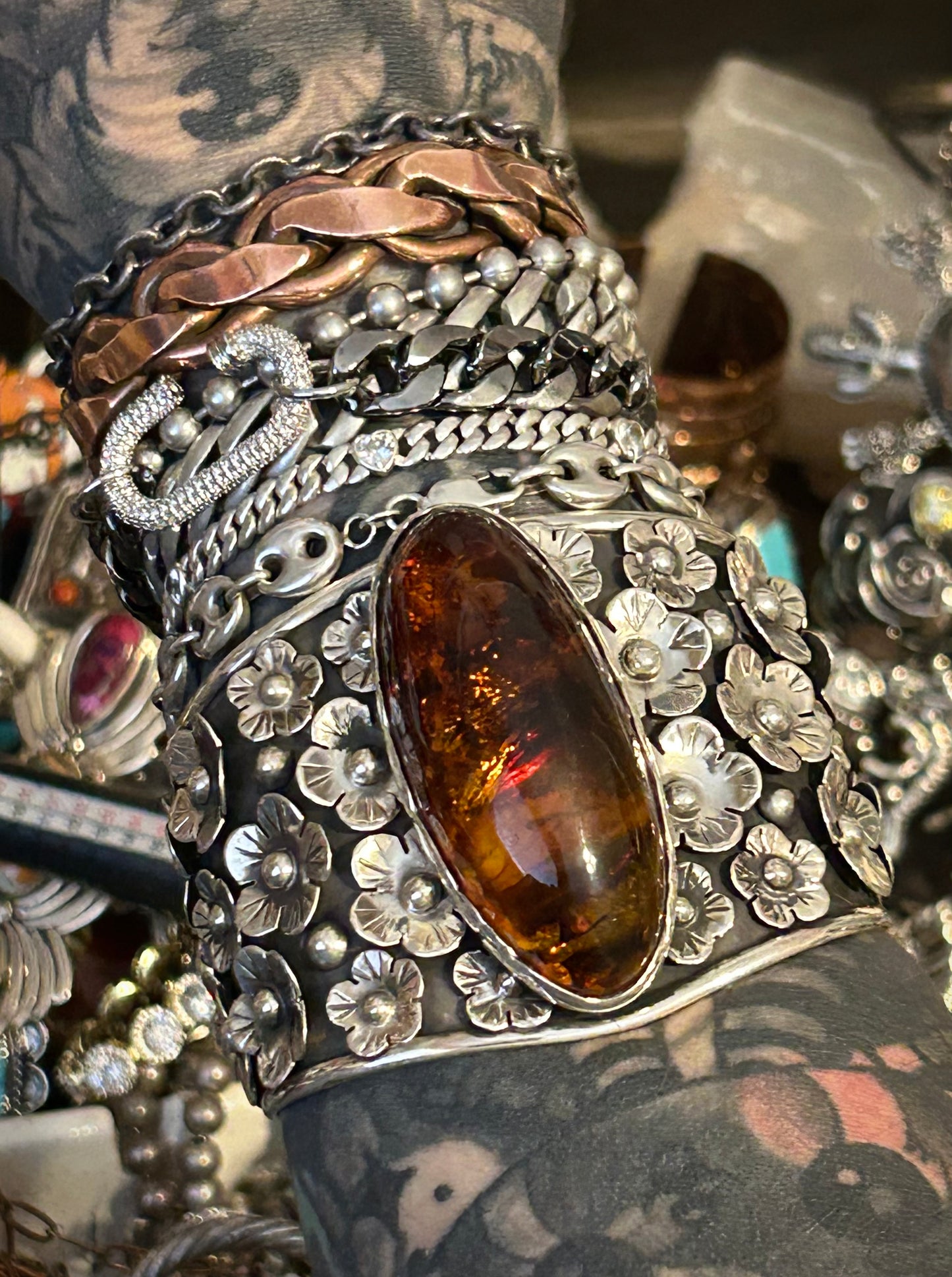 Sterling Silver Modern Taxco Mexico Statement Flowers & Baltic Amber Cuff Bracelet