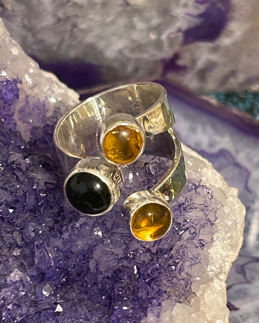 Sterling Silver Made In Taxco Mexico Bypass Ring With Onyx And Amber Size 7-8