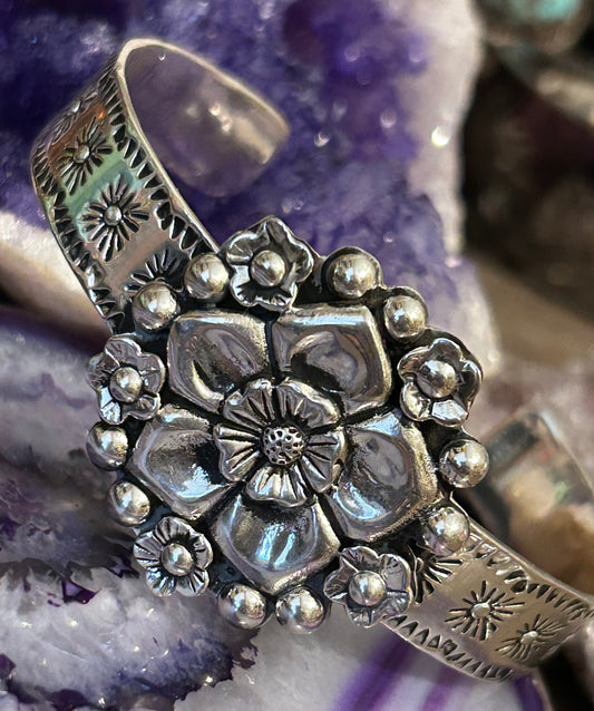 Sterling Silver Taxco Mexico Flower & Stamped Cuff Bracelet