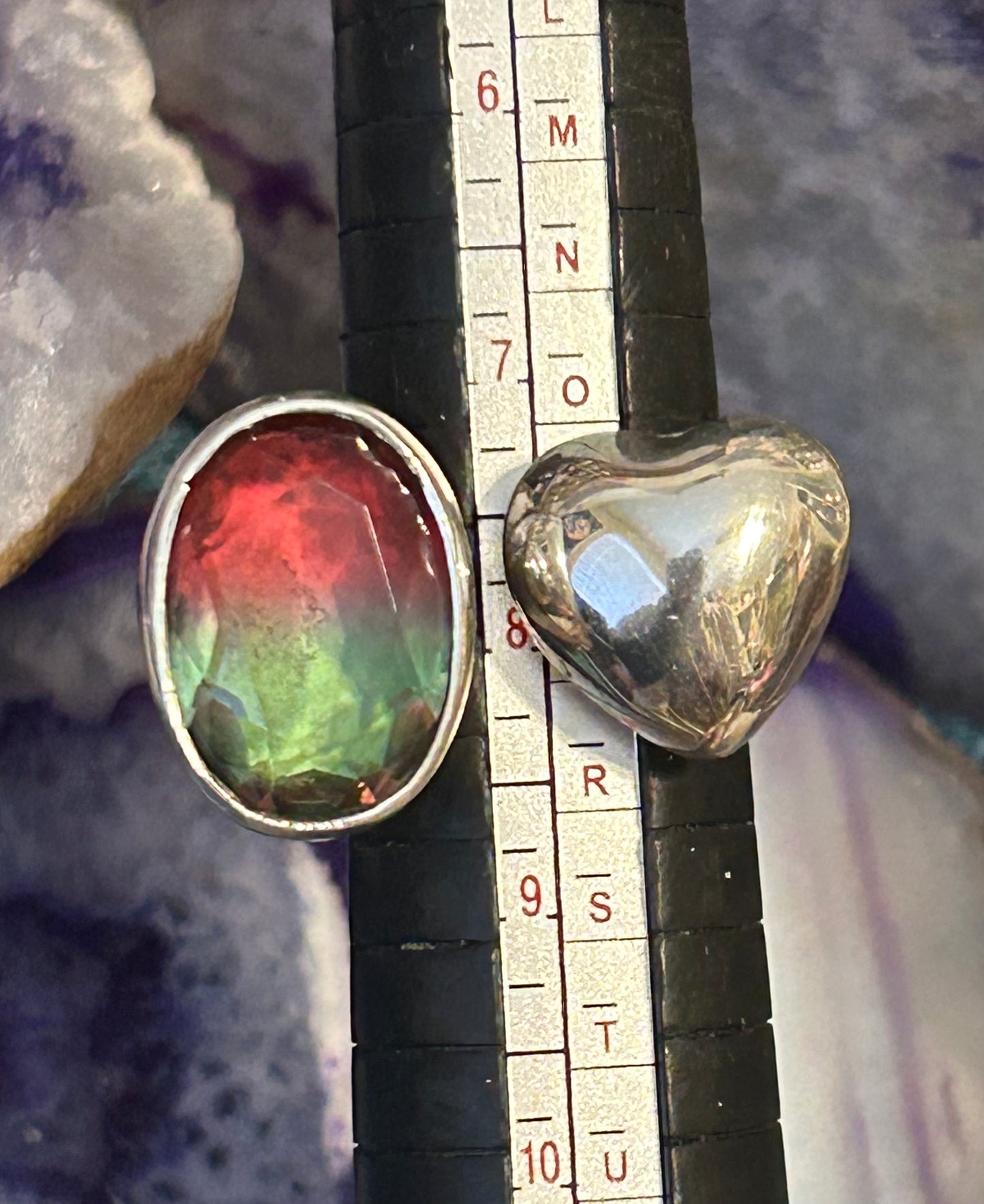 Sterling Silver Taxco Mexico Watermelon Tourmaline & Puffy Heart bypass Ring