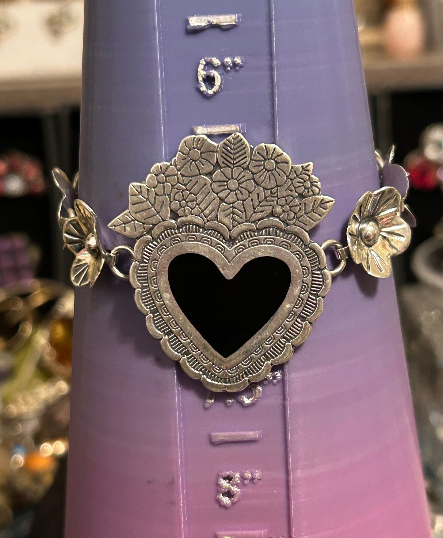 Sterling Silver Made In Taxco Flower & Heart Link Bracelet