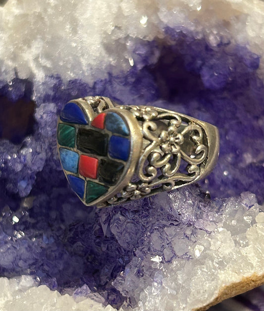 Vintage Sterling Silver Multi Stone Heart Ring w/ Flower Detailing • Size 6