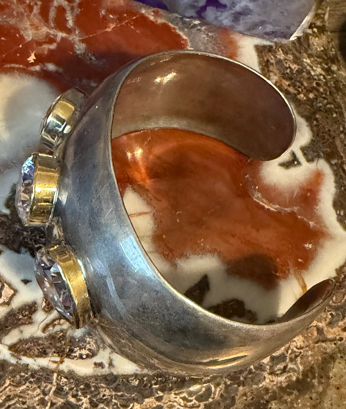 Vintage Sterling Silver Wide Modernist Cuff Bracelet W/ Clear CZ Stones