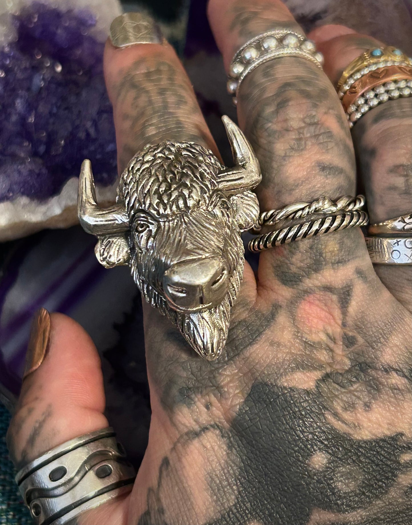 Sterling Silver Taxco Mexico Bison Head Adjustable Statement Ring