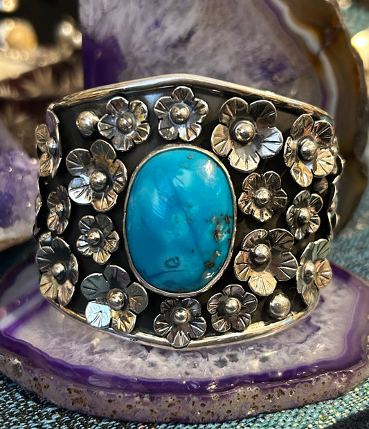Sterling Silver Taxco Mexico Large Statement Flower Cuff W/ Natural Turquoise