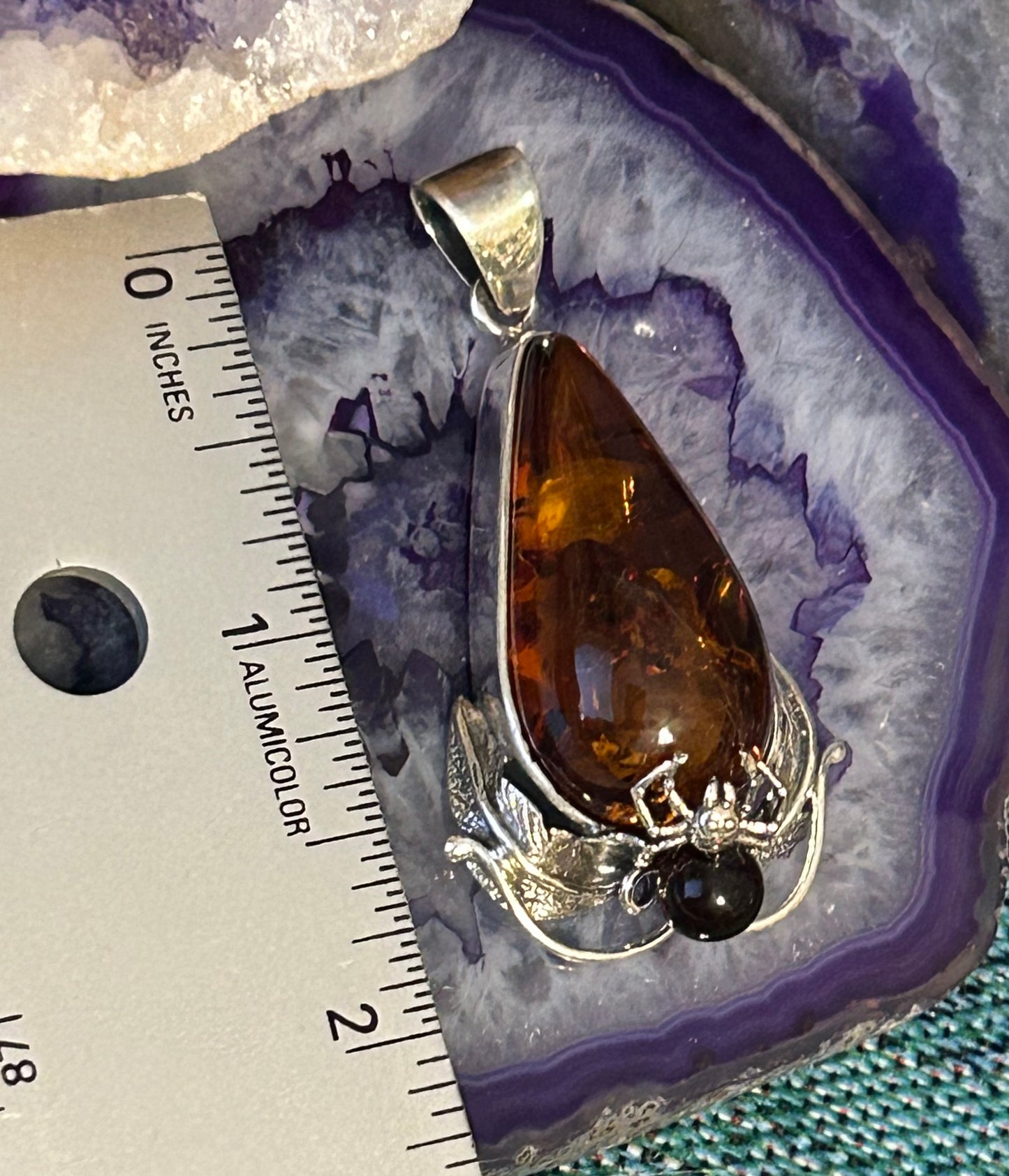 Sterling Silver And Natural Baltic Amber Pendant W/ Spider