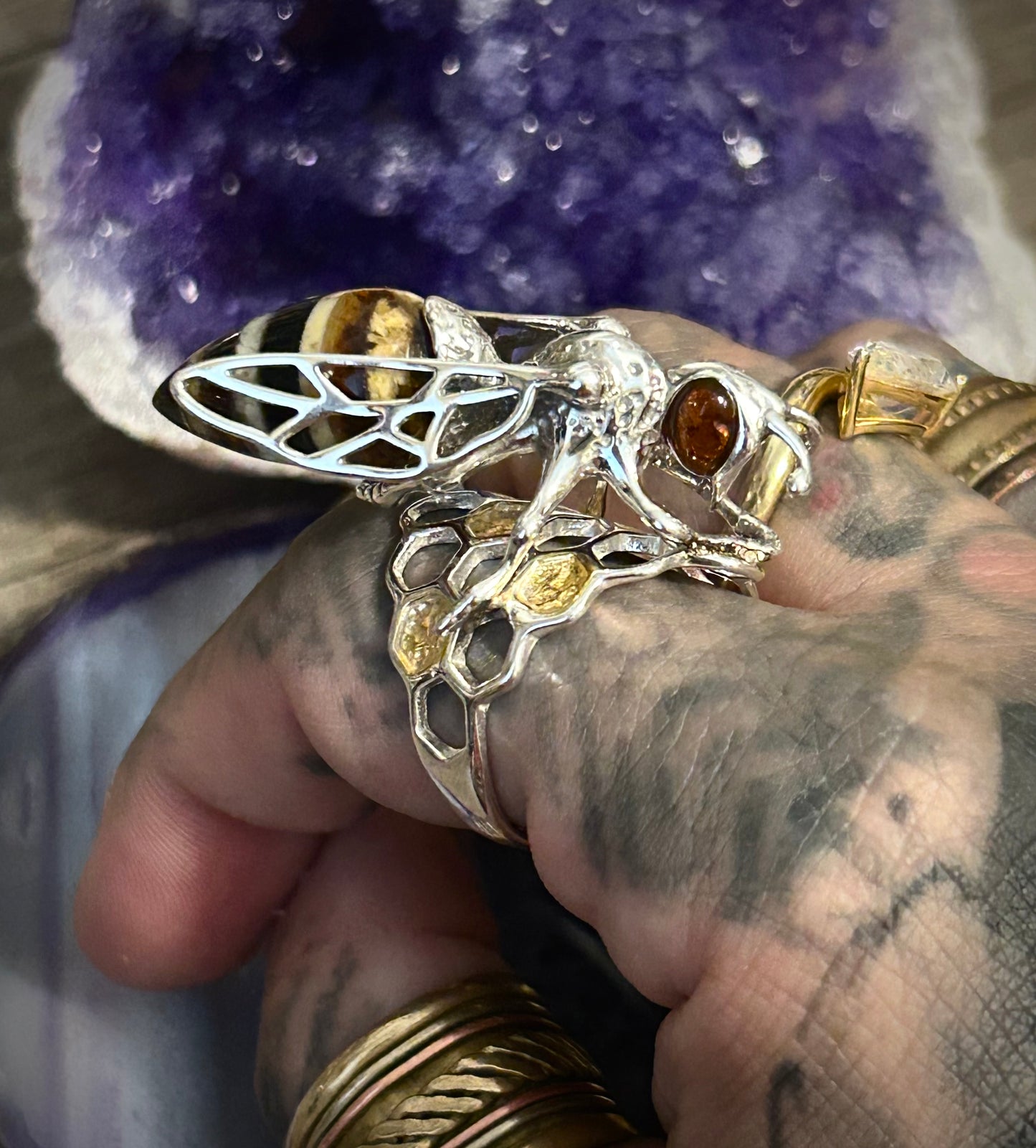 Sterling Silver & Genuine Amber Large Bee Adjustable Ring