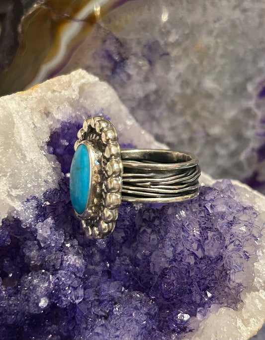 Sterling Silver Taxco Mexico Oval Turquoise Wide Wavy Band Ring Size 8