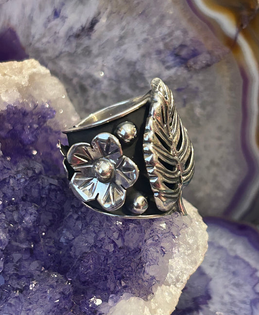 Taxco Mexico 950 Silver Monstera Leaf & Flowers Statement Ring Size 7-9
