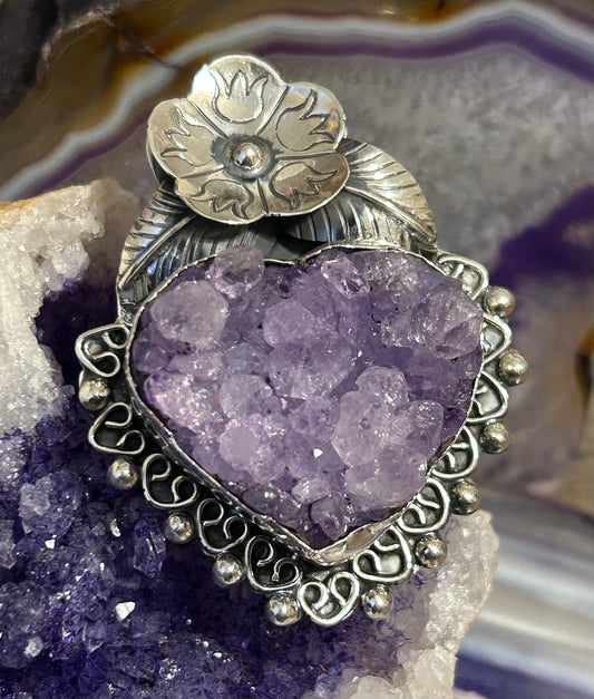 950 Silver Taxco Mexico Large Huge Amethyst Stone Heart Ring Adjustable
