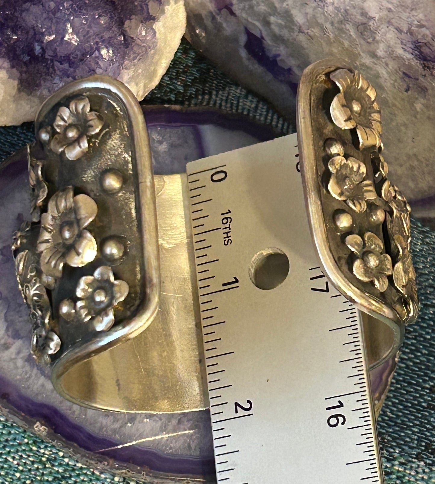 Sterling Silver Taxco Mexico Day Of The Dead Skull & Flower Large Cuff Bracelet