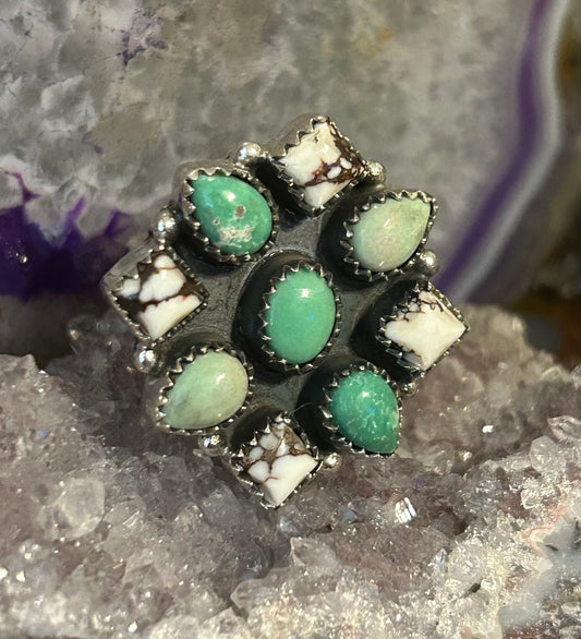 Sterling Silver Southwestern Turquoise & White Buffalo Ring Adjustable